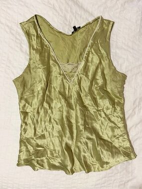 New frontier 100% silk V-Neck sleeveless Top in Olive Green sequin lace detail